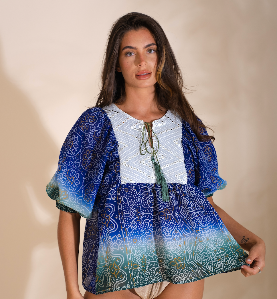 Sari Kaftan Top -White mirror work
