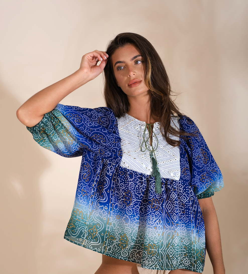 Sari Kaftan Top -White mirror work