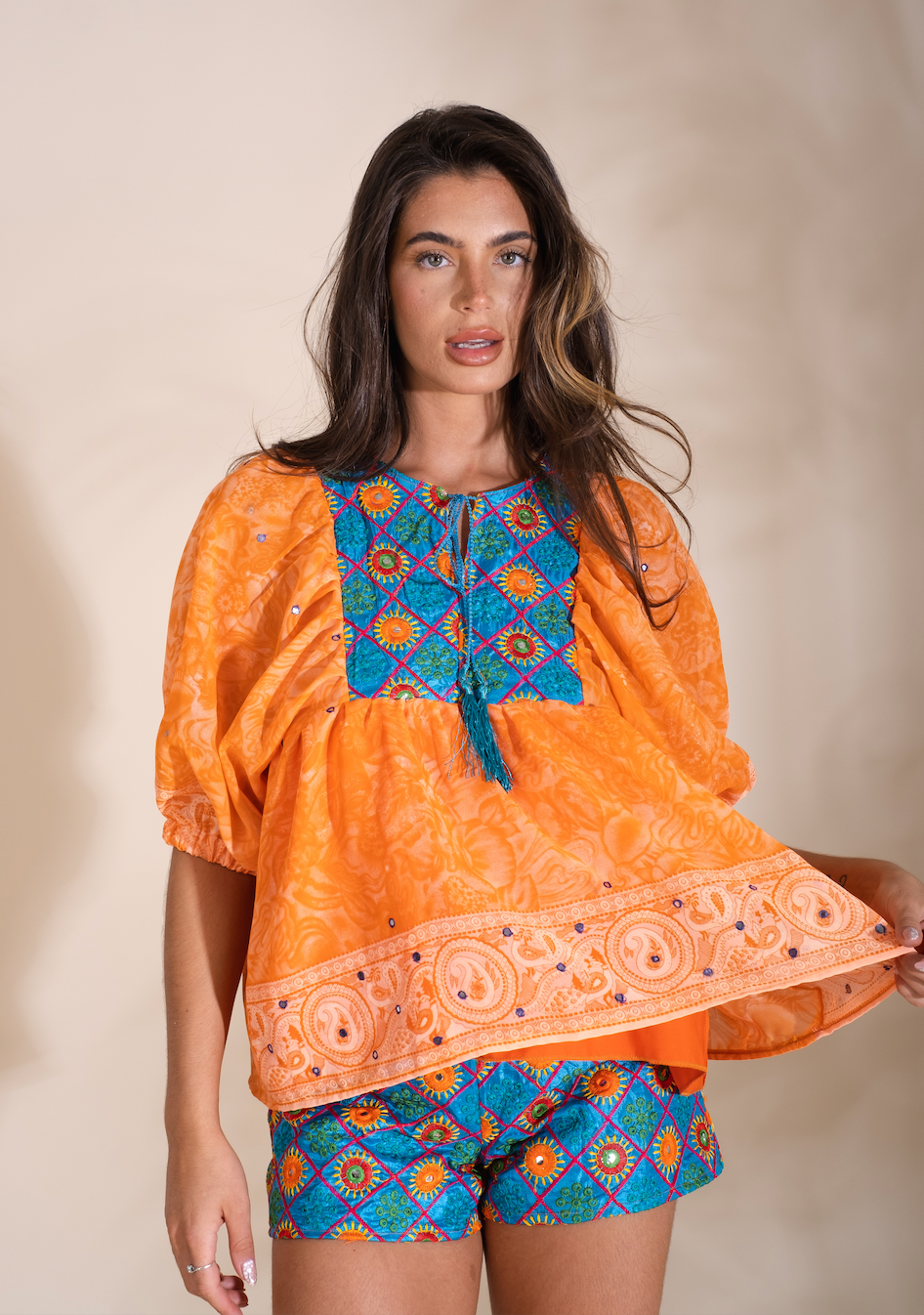 Orange Mirrorwork Kaftan Top