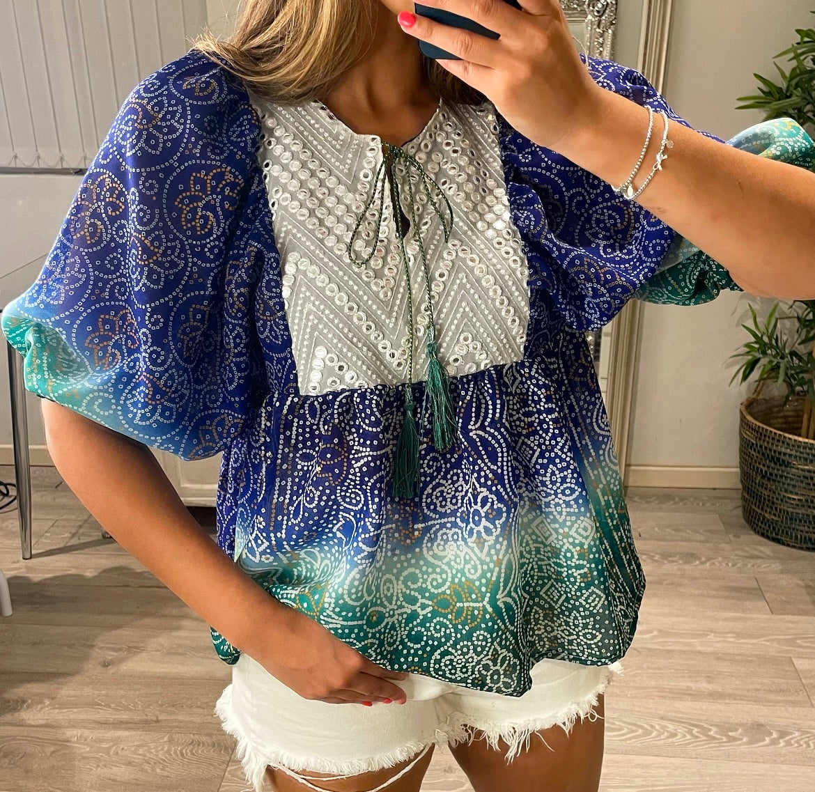 Sari Kaftan Top -White mirror work
