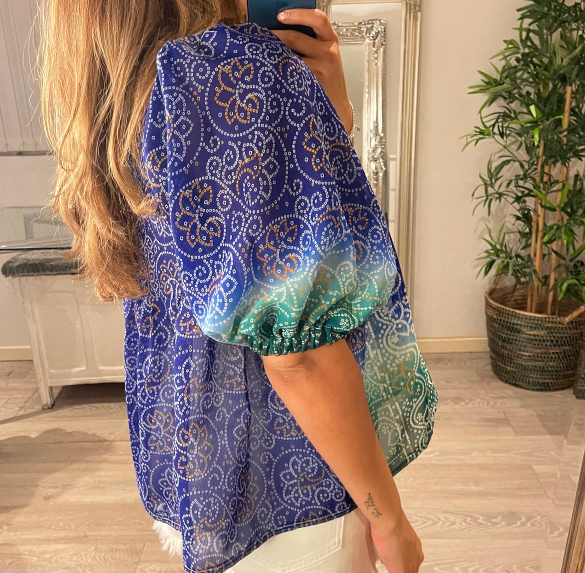 Sari Kaftan Top -White mirror work