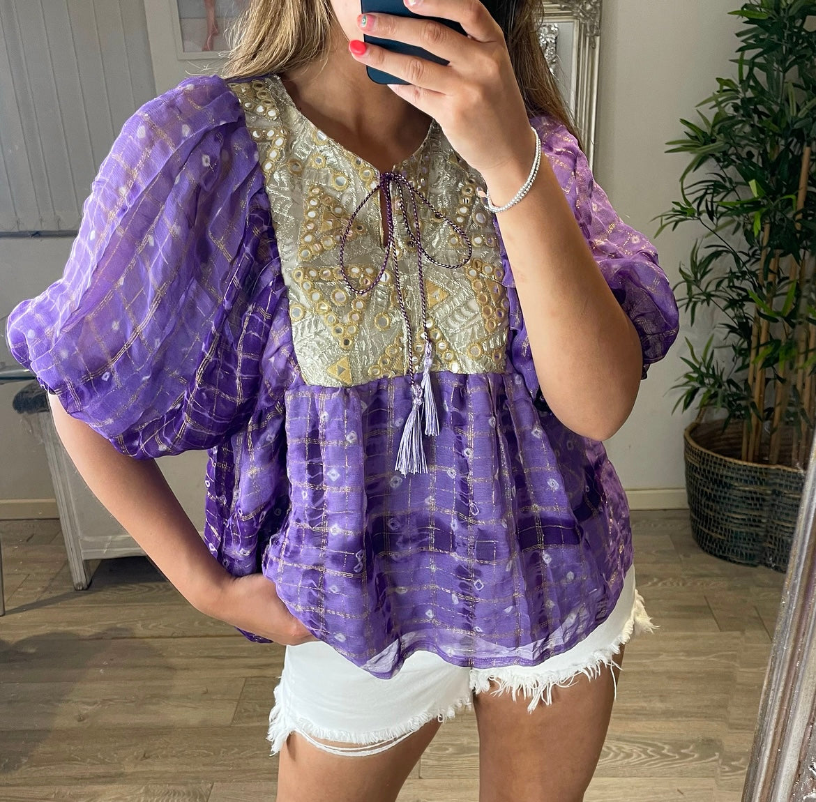 Purple Vintage Sari Kaftan Top