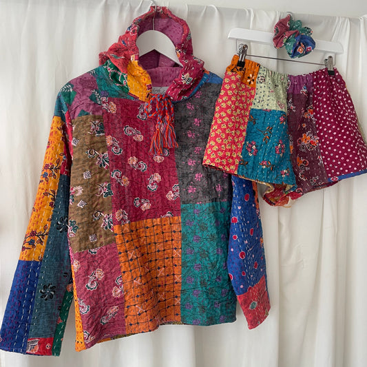 Vintage Kantha Shorts & Scrunchie Set