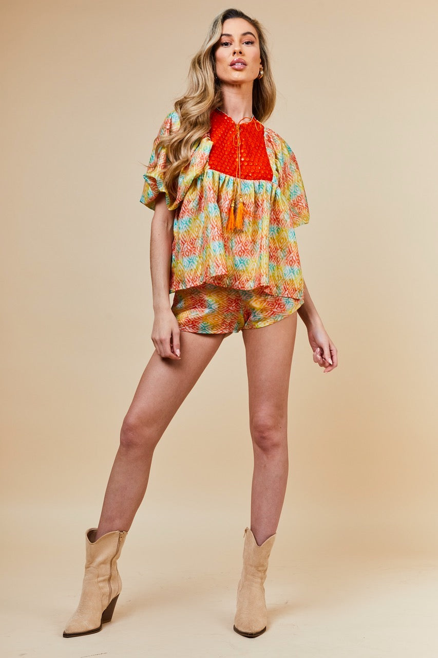 Orange IKAT Mirrorwork Kaftan Top