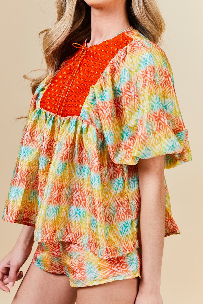 Orange IKAT Mirrorwork Kaftan Top