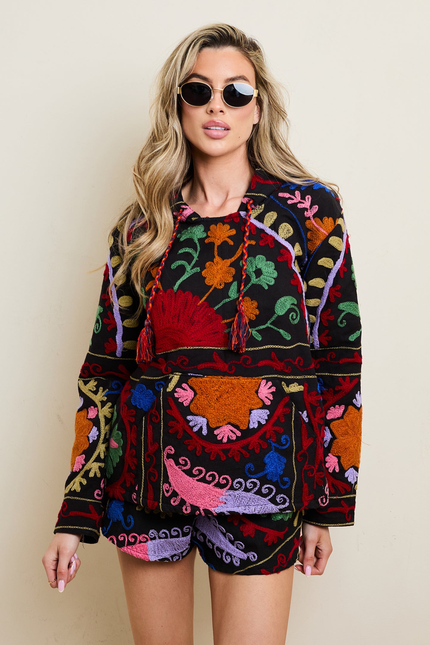 Black Suzani Hoody (With Linning & tassel tie)