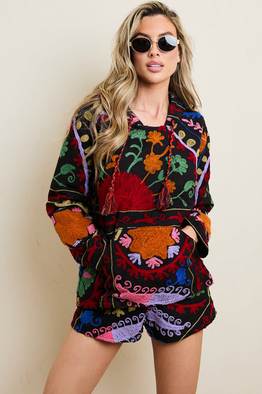 Black Suzani Hoody (With Linning & tassel tie)